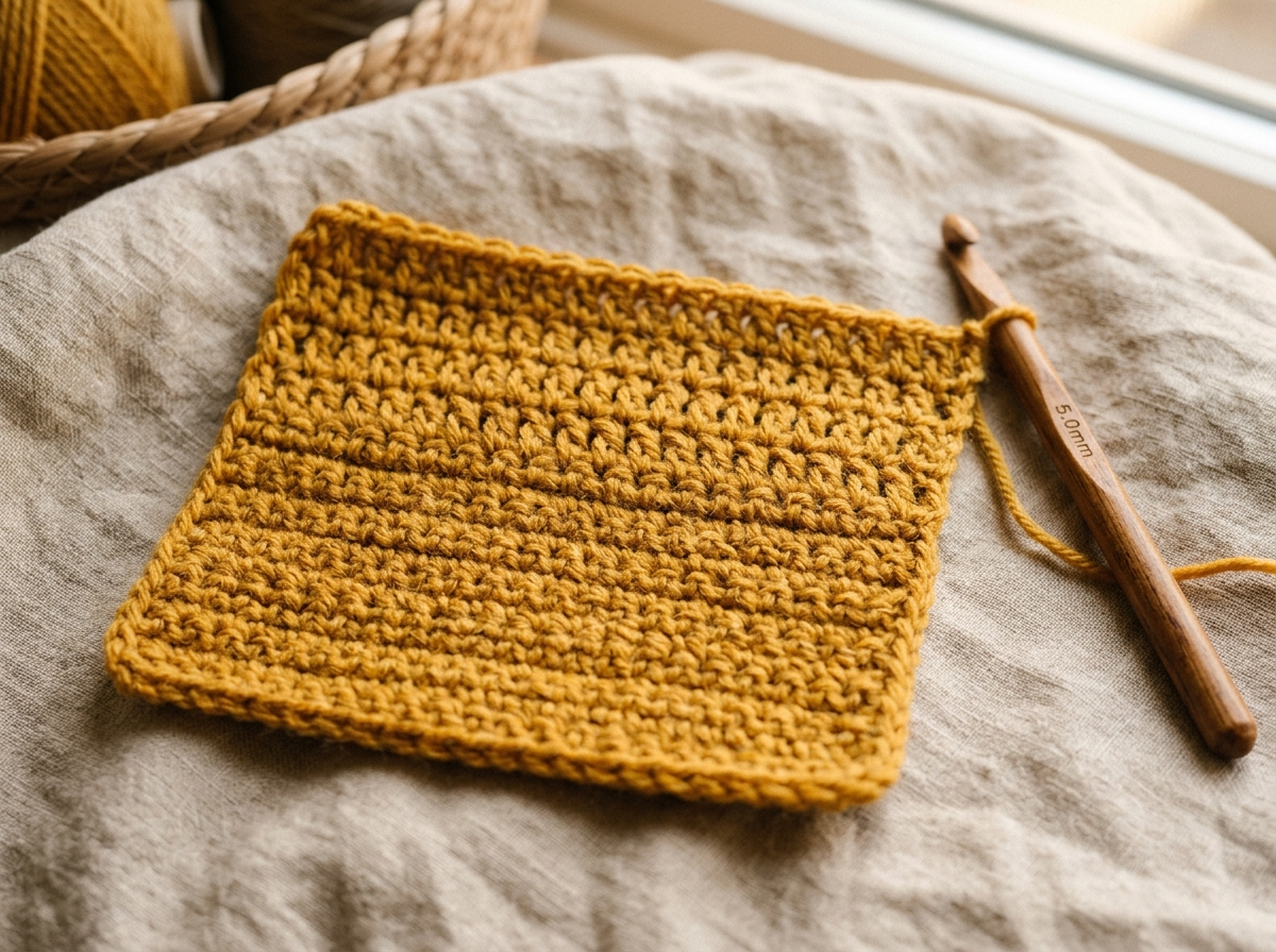 A golden textured crochet swatch with a wooden hook